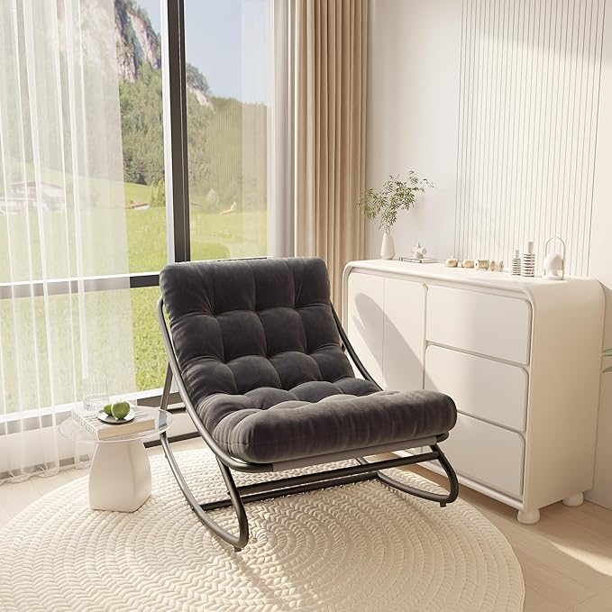 Indoor and Outdoor Rocking Chair with Thick Cushion Outdoor Deck Egg Rocker with Metal Frame Adjustable Rocking Range and Fixed Rope Waterproof Cushion Bedroom Living Room Porch Garden Lawn