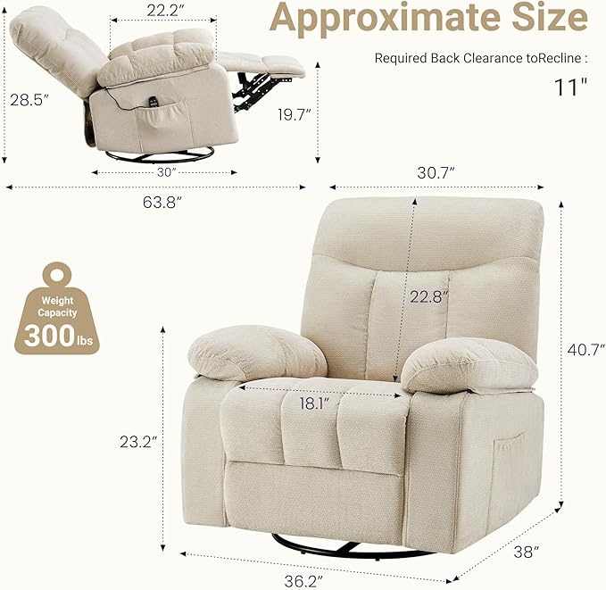 Rocker Swivel Recliner Chair for Adults Single Reclining Sofa Chair with Heated and Full Body Massage Lounge Recliner Glider for Small Living Room Bedroom Beige