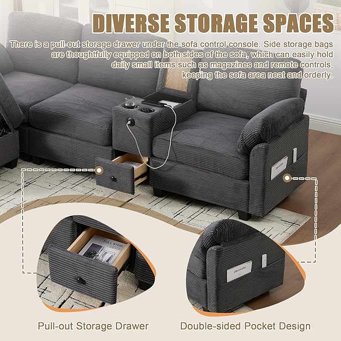 KEIKI 105 L-Shaped Oversized Corduroy Modular Sectional Sofa with 1 Ottoman and Multi Functional Console 4-Seater Upholstered Couch with USB and 2 Cup Holder Easy Assembly for Living Room Gray