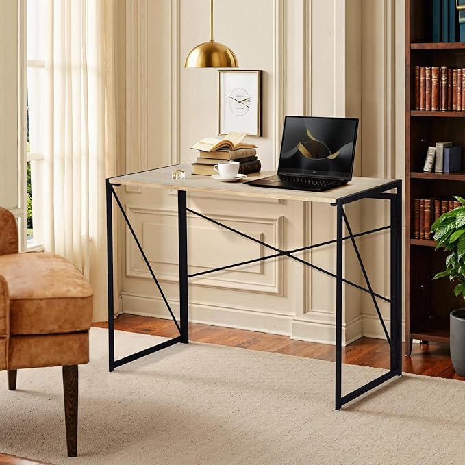 FurnitureR 39.4 Minimalist Laptop Desk Simple Computer Writing Desk with Sturdy Metal Frame Modern Foldable Workstation for Home Office Study or Small Spaces Oak