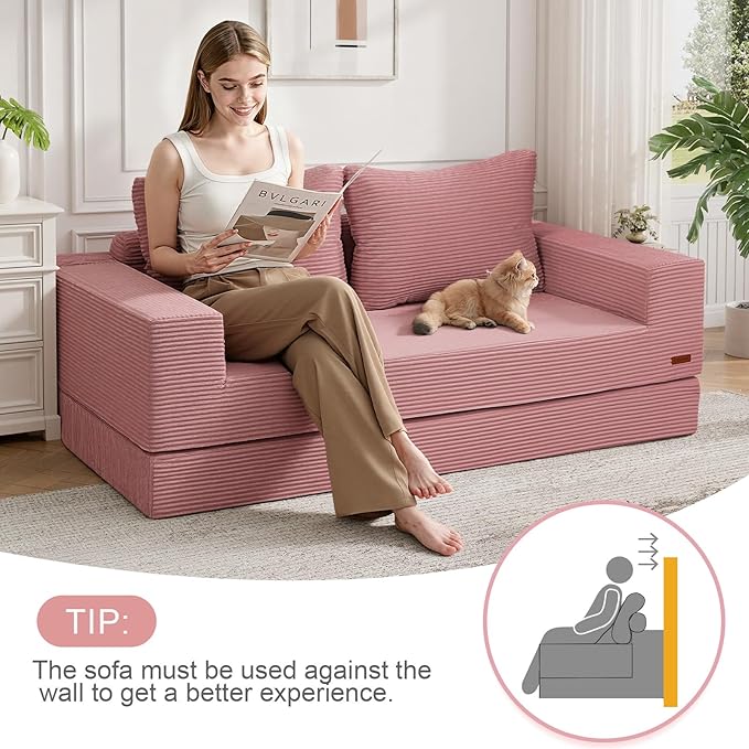COMAX Convertible Sofa Bed Queen Corduroy Folding Floor Couch Pull Out Couch Bed Futon Sleeper with Pillows Fold Out Boneless Sofa Comfy Lounge Mattress Loveseat for Living Room Bedroom Pink