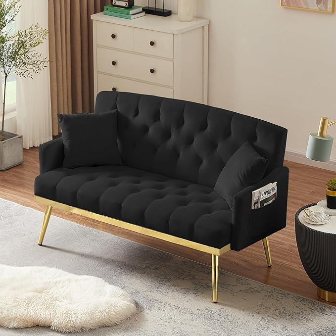 Velvet Tufted Small Loveseat Sofa Modern 2 Seater Small Sofa Couch with Gold Metal Legs and 2 Pillows for Living Room (Black)