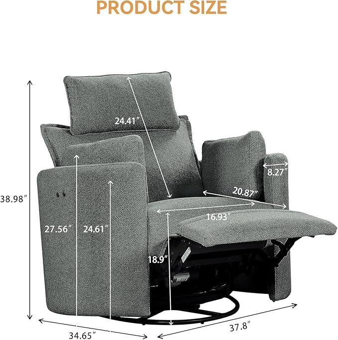 Power Swivel Rocker Recliner Glider Nursery Chair for Adults Modern Leisure Sofa Chair with 2 Pillows for Small Spaces Bedroom Living Room Beige (Light Grey)