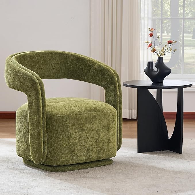 FOXHUNTER Swivel Accent ChairModern Upholstered Barrel ChairOversized Round Accent Armchair with Open BackWooden Base for Living RoomChenil Green