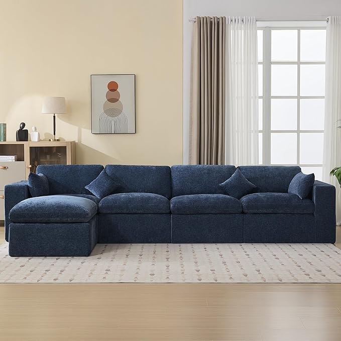 155''Cloud Boneless Sectional Couch Modular Sectional Sofa Deep Seat with Ottoman Oversized Upholstered Convertible Comfy 5 Seater Chenille Sofa L Shape Couches for Living Room Navy