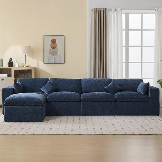 155''Cloud Boneless Sectional Couch Modular Sectional Sofa Deep Seat with Ottoman Oversized Upholstered Convertible Comfy 5 Seater Chenille Sofa L Shape Couches for Living Room Navy