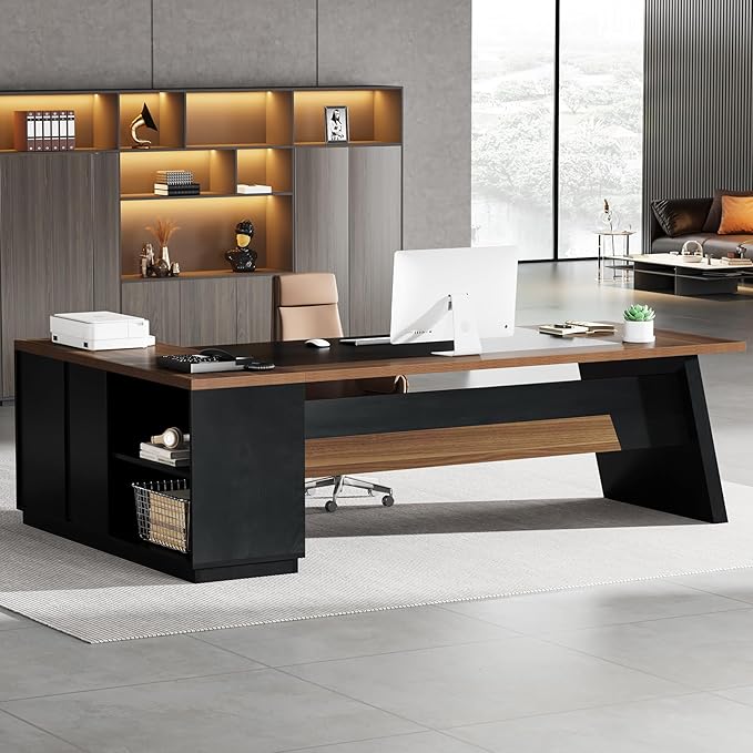 Tribesigns L-Shaped Executive Desk 78-Inch Modern Office Desk with Drawers and Lateral File Cabinet Large Bussiness Furniture with Storage Shelves Workstation for Home Office (Brwon + Black)