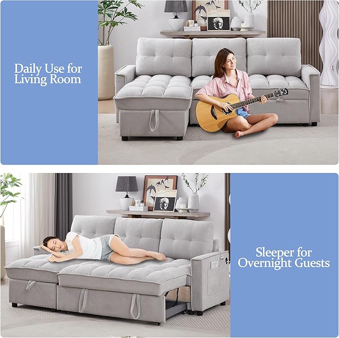 Reversible Sectional Sleeper - Pull Out Sofa Bed Couch with USB and Tape-c Charging Ports L-Shape Sleeper Sectional Sofa Couch for Living Room Office and Small Apartment (Light Grey)