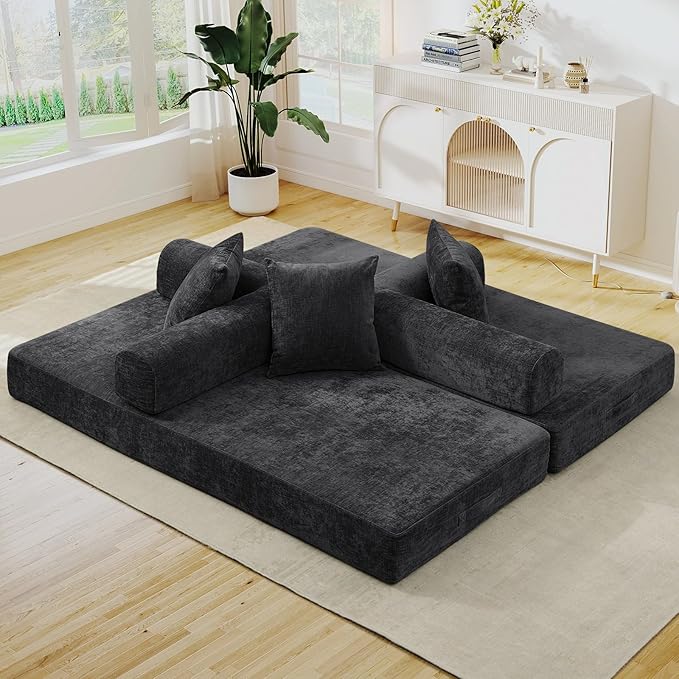 3 in 1 Convertible Futon Sofa Bed Modern King Size Chenille Loveseat Sleeper Sofa Folding 3-Seater Foldable Lounger Couch Bed for Living Room Bedroom Guest Room (Black 3 Throw Pillows)