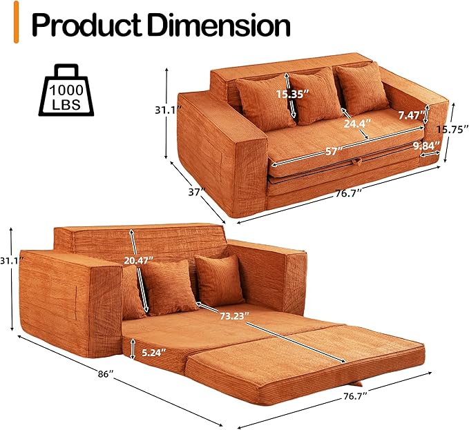HOMREST 76 Convertible Memory Foam 3-seat Sofa Pull Out Sleeper Sofa Bed 2 in 1 Folding Couch Bed Fold Out Floor Couch Corduroy Fabric with 3 Pillows for Living Room Bedroom Lounge (Brown)