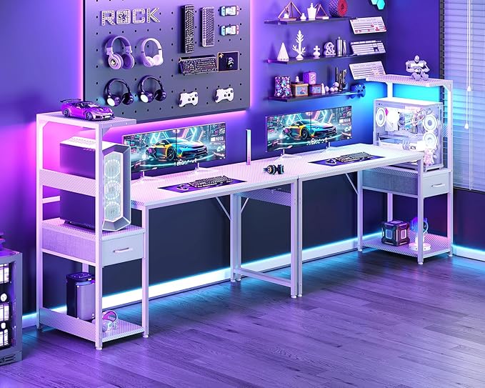 Casaottima 54 Inch Gaming Desk with Storage &amp LED Lights Reversible Computer Desk with Display Shelves &amp Fabric Drawer Modern Gamer Desk Table with Side Headphone Hook Carbon Fiber White