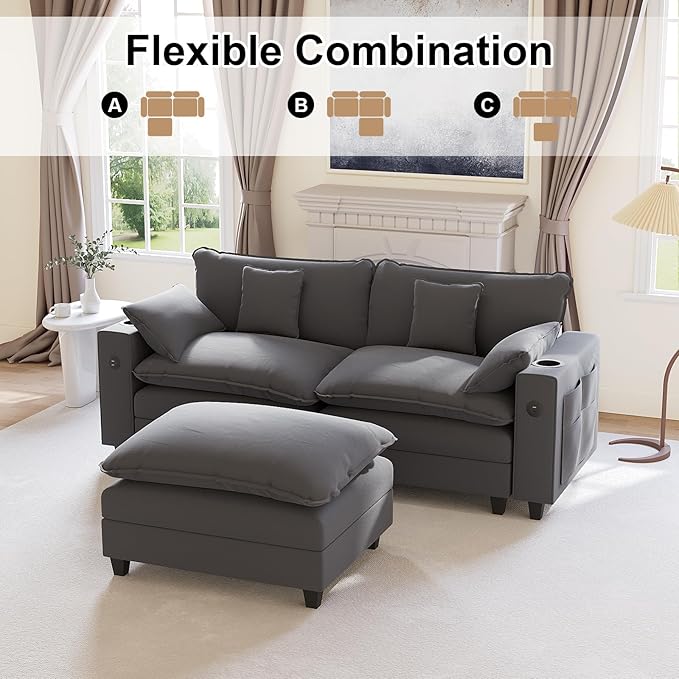 80.7 Modular Sectional Couch L Shaped Cloud Sofa with Movable Ottoman Chenille Deep Seat Cloud Couch with Charging Station Cup Holder Side Pocket Sectional Couches for Living Room Grey