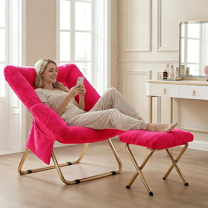 Comfy Saucer Chair for Adults Foldable Living Room Chairs Soft Faux Fur Lounge Chair for Bedroom Reading Chairs X-Large (Ottoman-Hot Pink)