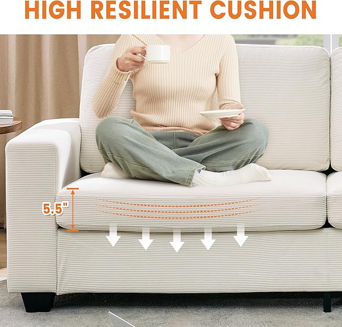 Modern Loveseat Sofa Couches for Living Room 83 Boneless Comfy Corduroy Sofa for Apartment Bedroom or Office Soft Upholstered Couch Compact Spaces Deep Seats Wood Frame Removable Cover White