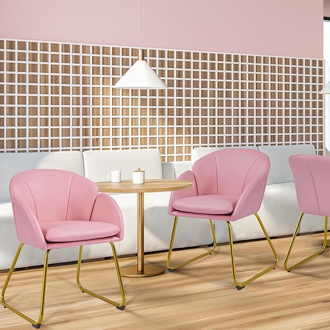 Yaheetech PU Leather Dining Chair Flower Shaped Armchair with Golden Legs Upholstered Side Chair for Kitchen Dining Room Living Room Set of 2 Simple Pink