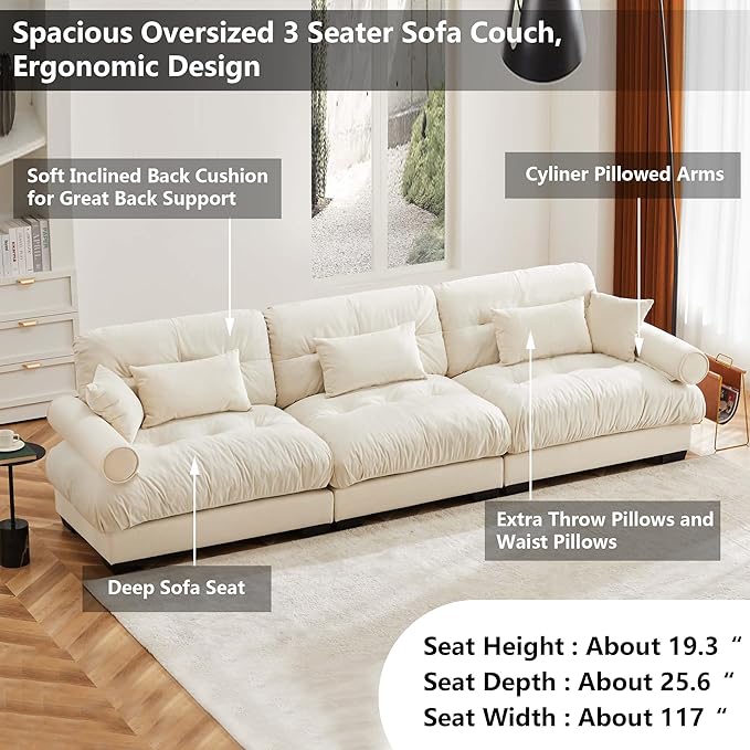 Aoowow Oversized 3 Seater Cloud Sofa Couch for Living Room130 Velvet Large 3 Seat Cloud Sofas with Deep SeatModern Fluffy Modular Sectional Sleeper CouchesTufted (Velvet Beige 3 Seater)