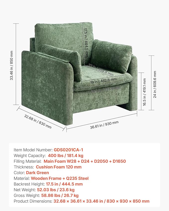 VEVOR Oversized Accent Chair Armchair with Padded Arms Comfy Single Sofa Chair Modern Reading Lounge Chairs for Living Room Bedroom Green