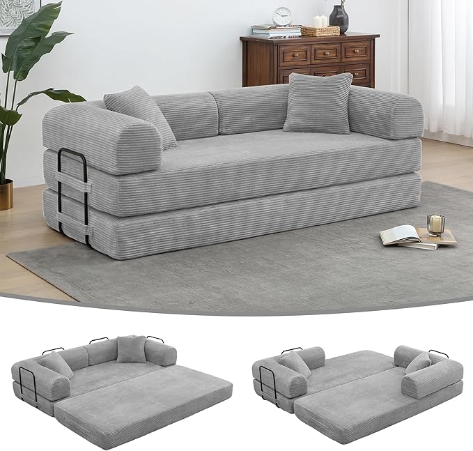 JJJ 78 inch Sofa Bed 4-in-1 Boneless Convertible Corduroy Sleeper Folding Couch with Fixed-Shape Frame and 2 Futons No Assemble Required 3 Seater Upholstered for Living Room (Light Grey 78 inch)