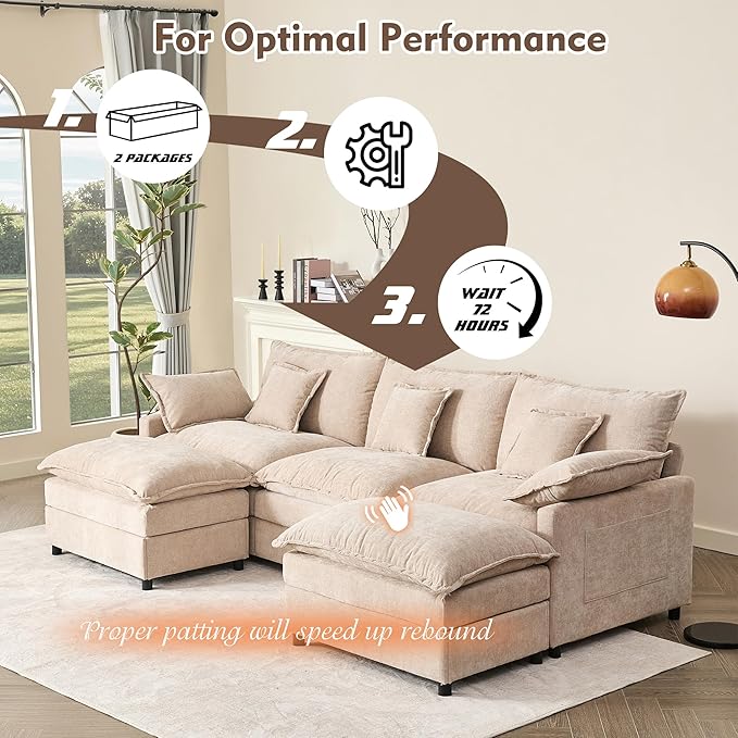 108 U Shaped Couch Modular Sectional Sofa 3-Seater Comfy Cloud Couch Set of Modular Pieces with Movable Ottoman Deep Seat Couches for Living Room Chenille Flat White
