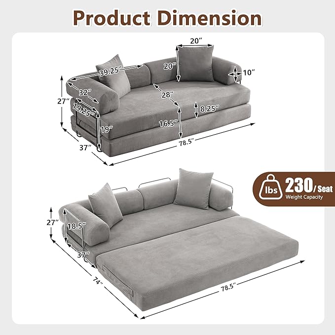 4-in-1 Free Combination Loveseat Convertible Sleeper Sofa Bed Floding Accent Futon Couch Corduroy Modular Sectional Sofa&ampCouch King Size Floor Daybed for Living Room Apartment Office Furniture