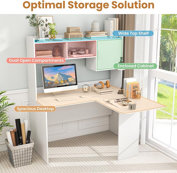 Giantex L Shaped Desk with Hutch White Corner Desk with Storage Shelf &amp Cabinet Laptop PC Table Gaming Computer Table Workstation Modern Executive Study Writing Desk for Home Office Bedroom