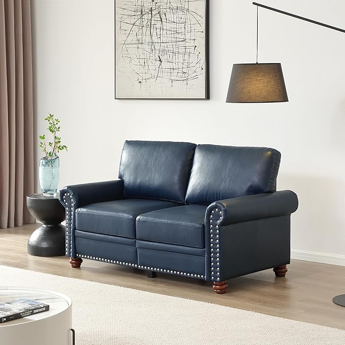 59 Faux Leather Pu Loveseat Underseat Storage Classic Love Seat Couch Elegance 2 Seat with Rolled Armrests Nailhead Trim Wood Legs Traditional Living Room Accent Sofa 2 Seat-Navy Blue
