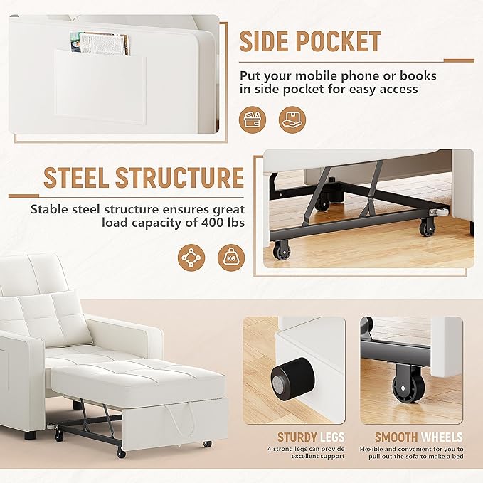 Flamaker Sofa Bed Sleeper Sofa 3-in-1 Adjustable Couch Bed with Modern Linen Fabric Convertible Sleeper Chair Couches for Living Room Apartment and Small Space (Bright White)