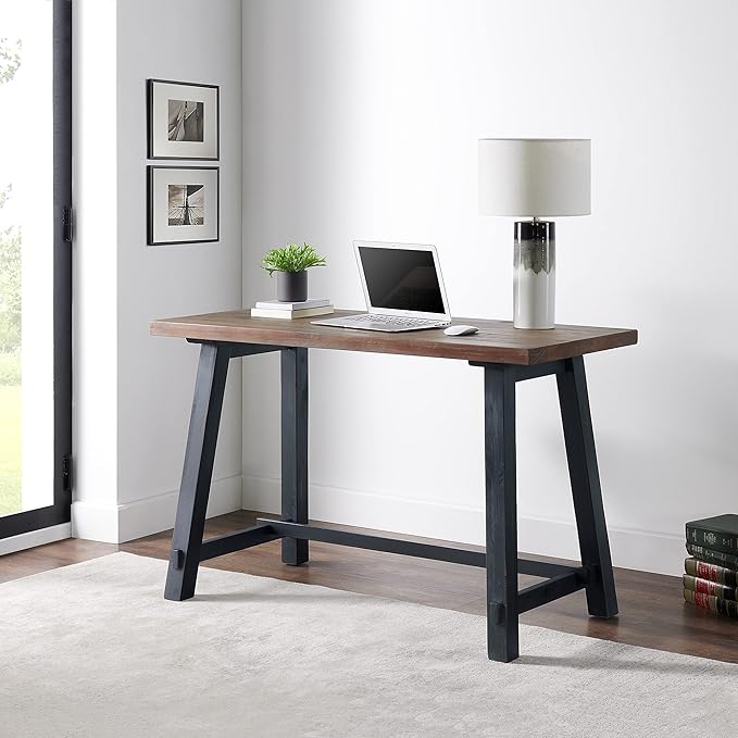 Alaterre Furniture Adam 48 in. Solid Pine Wood Desk Rustic Industrial Style with Distressed Black Sawhorse Legs Natural Wood Finish Home Office Workstation 48 in. W x 23 in. D x 30 in. H