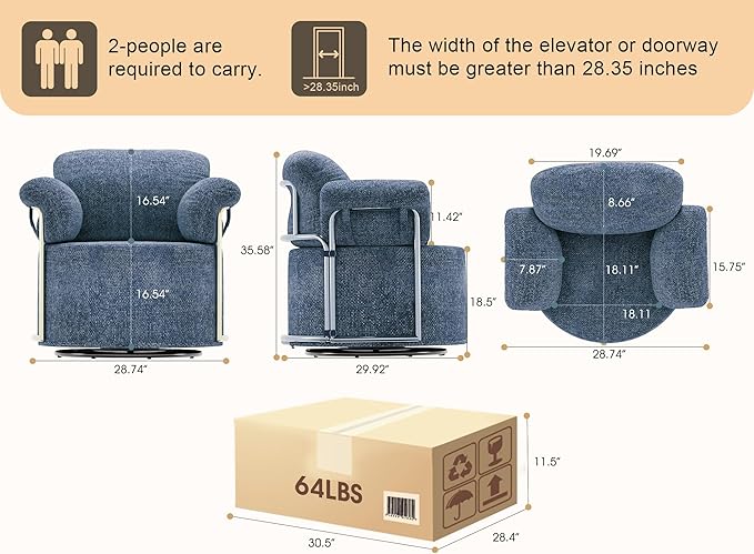 Swivel Accent Chair 360° Bouclé Barrel Chair with Sturdy Metal Frame Blue Round Accent Chair with Deep Seat &amp Thick Armrests Soft Reading Lounge Chair for Bedroom Living Room Office