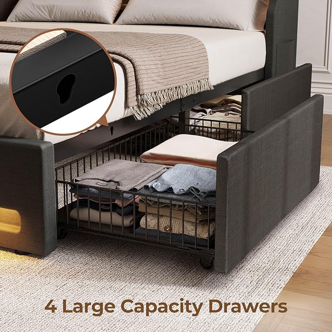 Rolanstar Twin Bed Frame with LED Lights and Charging Station Upholstered Bed with Drawers Wooden Slats Noise Free Easy Assembly Dark Gray