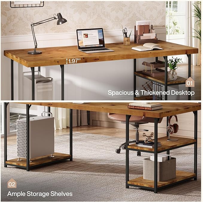 Tribesigns 71-Inch Solid Wood Long Desk with Shelves Industrial Home Office Desk Large Executive Office Computer Table Writing Gaming Workstation for Office Living Room Light Brown &amp Black