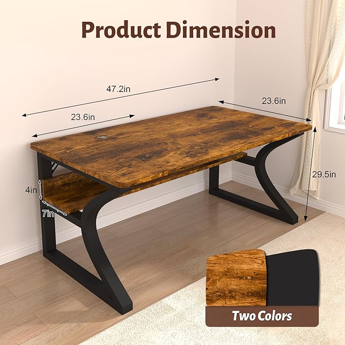 Computer Desk 47 x 23.6 Inch Home Office Desk Large Modern Computer Desks with Storage Shelf Metal Frame Work Study Writing Office Desk with Cable Hole Wide Desk for PC &amp Monitors (Brown 47)