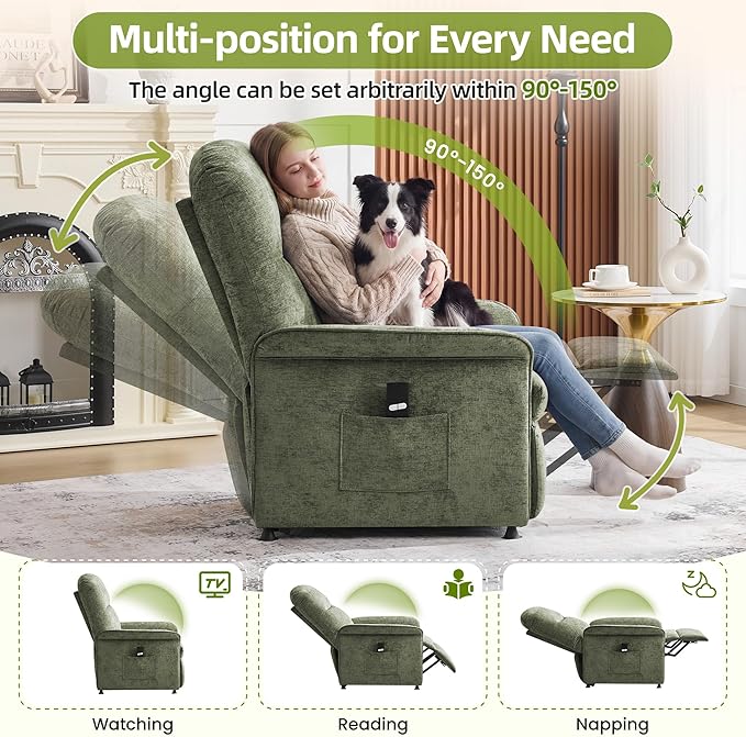 Power Recliner Chair with Remote Control 21 Wide Seat Small Recliners with Side Pocket for Adults Thick Cushions Chair for Living Room &amp Bedroom Green