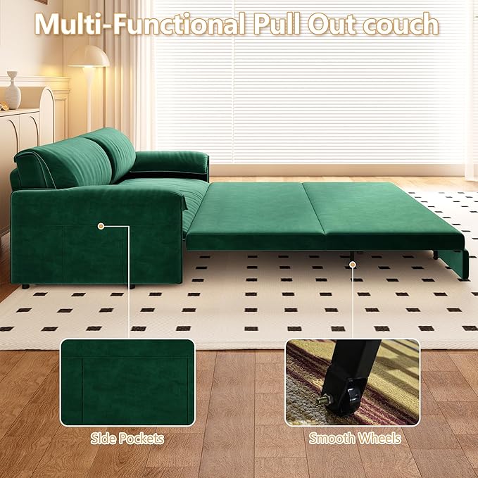 GNIXUU 66 Queen Pull Out Sofa Bed Velvet Convertible Sleeper Sofa Couch with Side Storage Comfy Cloud Futon Bed Pull Out Couch for Living Room Apartment Small Space(Green)