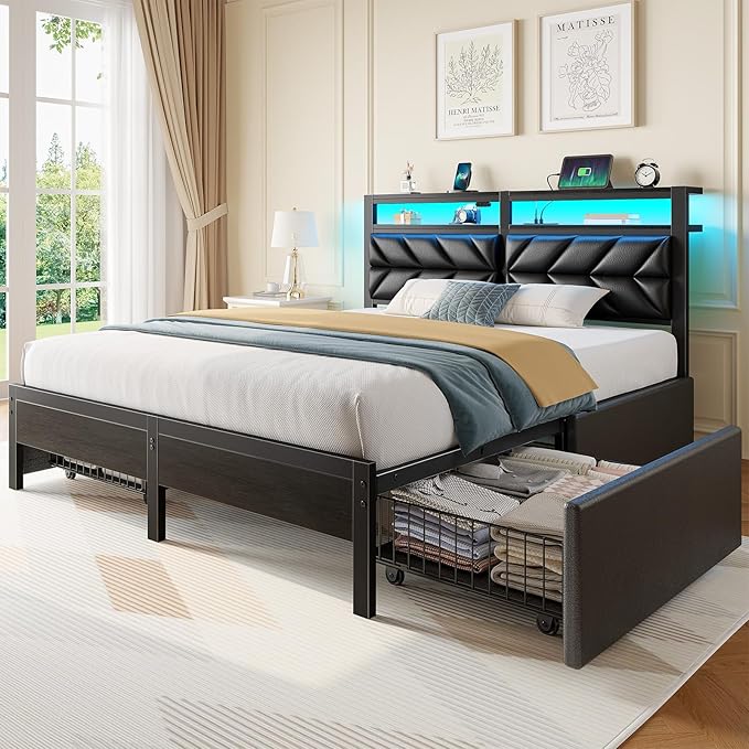 Seventable Queen Bed Frame with 4 Storage Drawers Charging Station &amp LED Lights Upholstered Headboard with 2-Tier Shelves Metal Platform Bed No Box Spring Needed Noise-Free Black