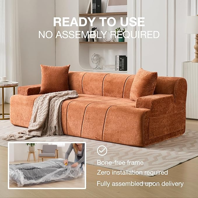 82.7 Modern Velvet Boneless Couch Ultra Comfy 3-Seater Sofa for Living Room Bedroom Home Office No Assembly Required (Orange)