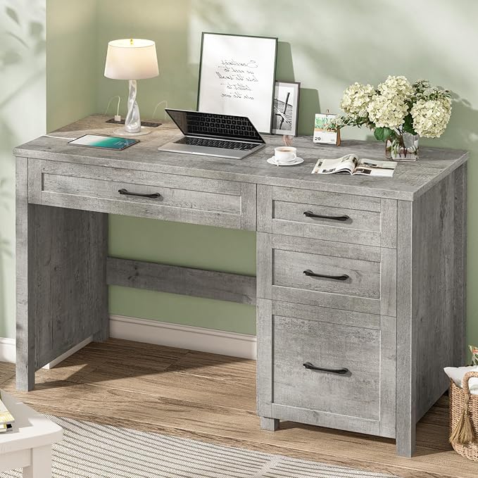 Vabches Farmhouse 47 Executive Desk with 4 Drawers Computer Desk with File Drawer and Charging Station Workstation for Home Office Study.（Grey）