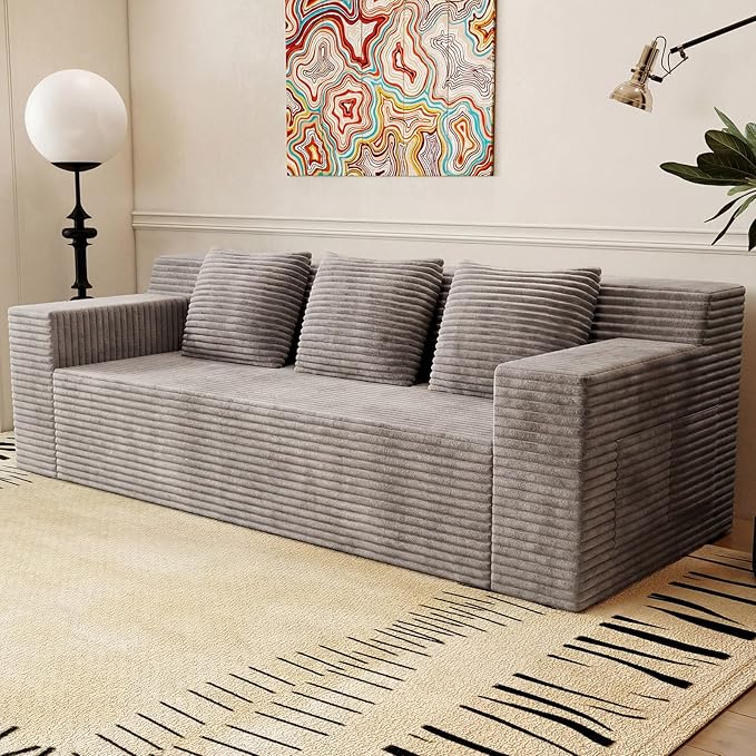 71Cloud Loveseat SofaModern 2-Seater Boneless Couch with 3 Pillows &amp Side PocketSoft Corduroy Love seatCompressed FoamDeep SeatNo Assembly for Living RoomBedroomApartment(Flat HandrailCam