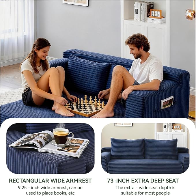 73 Convertible Sofa Bed Pull Out Boneless Loveseat Sleeper Sofa Corduroy Foldable Couch Bed with Storage Bag No Assembly Couch in a Box for Living Room Apartment (Blue)