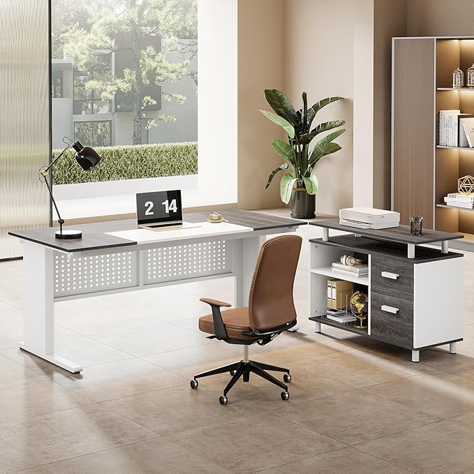 Tribesigns 63-Inch L-Shaped Executive Desk with Storage Shelves Large Office Computer Desk with Drawers and File Cabinet Industrial Business Workstation for Home Office Gray and White