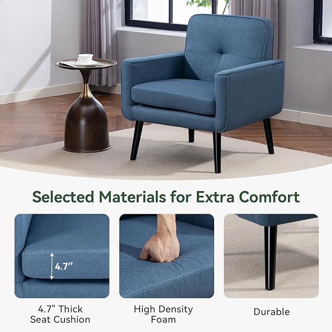 Mid Century Accent Chair Fabric Modern Chair with Wooden Frame Cozy Armchair Reading Chair with Comfy Back for Apartment Living Room Bedroom Waiting Room Small Space Corner Blue