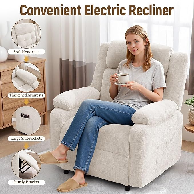 Power Recliner Chair Living Room Chairs for Adults Oversized Electric Recliner with Side Pockets Chenille Fabric Reclining Chair for Living Room Bedroom