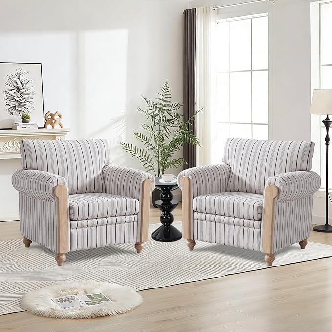 2 Single SofasSoft Armchair with Durable Stripe Fabric and Solid Wood LegsWingback Chair with Ergonomic SupportComfy Accent Chair for Living RoomBedroomor Small Spaces.(2 Armchairs)