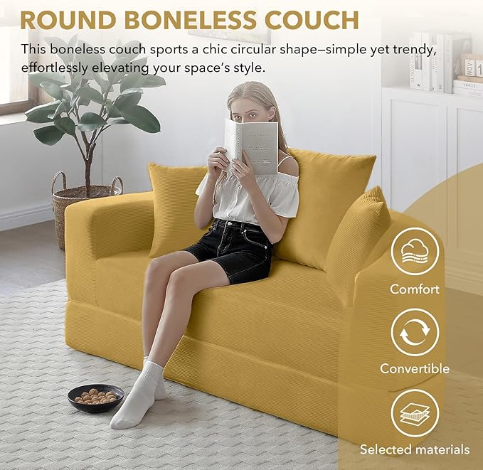 Round Boneless Couch Corduroy Upholstered Folding Convertible Sofa Bed with Pillows 2-in-1 Futon Sofa Bed with Half-Circle Design Comfy Loveseat for Living Room Apartment (Yellow)