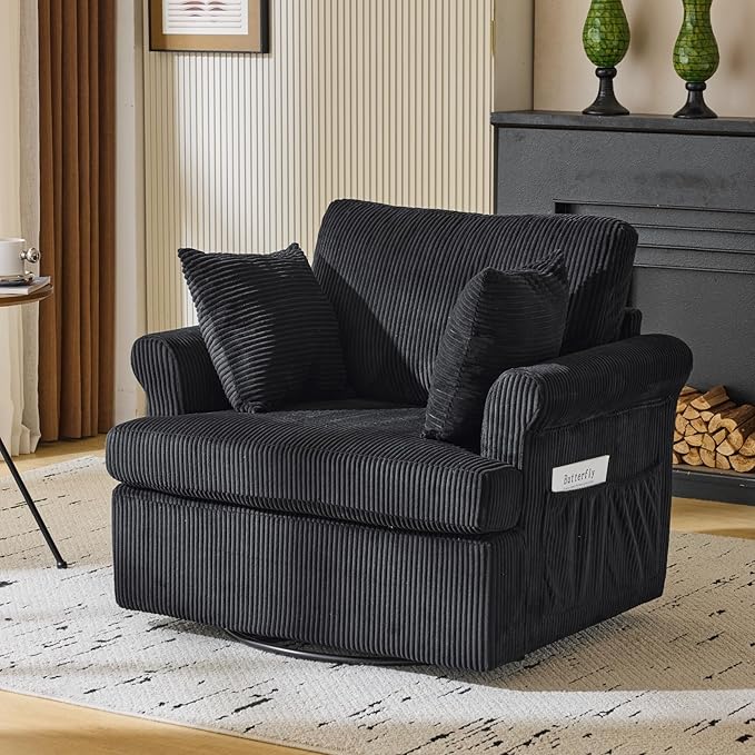 39 Oversized Armchair360°Swivel Accent ChairComfy Upholstered Corduroy Chairs W/2 Pillows and 2 Side PocketsModern Side Reading Seat for Living RoomBedroom and Office (Black)