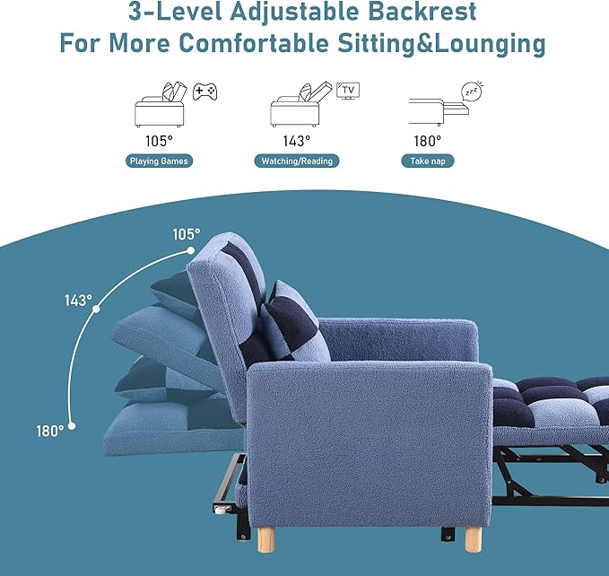 Convertible Sleeper Sofa Chair 3 in 1 Multi-Function Folding Ottoman Couch Sigle Pull-Out Bed with Adjustable Backrest and Pillow for Living Room Apartment Office Blue