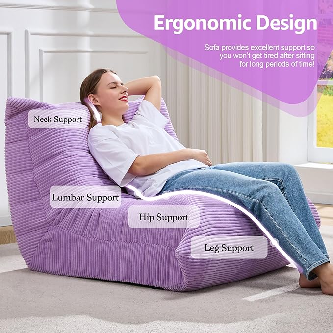 Bean Bag Chairs for Adults Giant Bean Bag Chair Memory Foam BeanBag Chair Bean Bag Sofa with Filler Faux Fur Fireside Beanbags Lazy Sofa for Living Room Bedroom Office (Purple Corduroy Single)