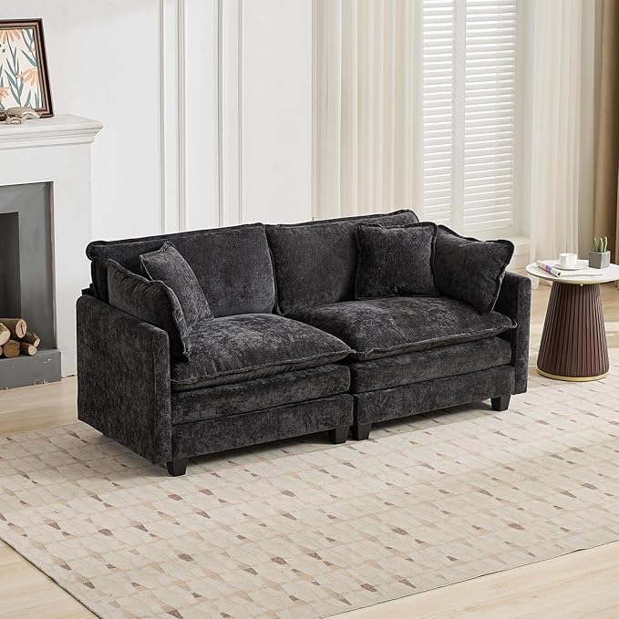 76.7 Black Modern Large Sectional Couches for Living Room Chenille Loveseat Modular Sectional Sofa Oversized 2 Seater Cloud Love Seat Couches for Apartment Deep Seat Sofas Set Sofa para Sala