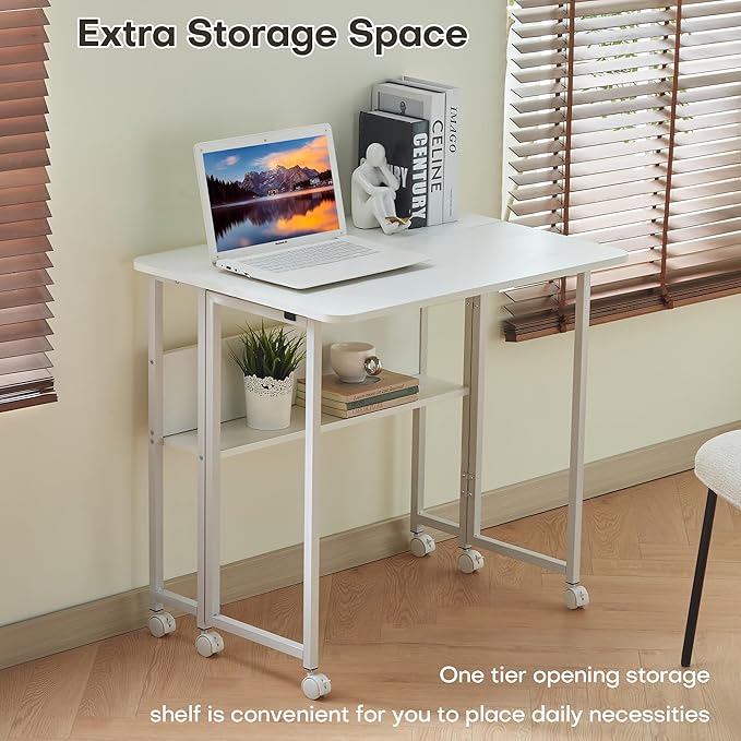 Small Folding Desk Rolling Table Portable Foldable Desk on Wheels Space Saving Computer Table Writing Workstation for Home Office Easy Assembly (White 22.8 D x 31.5 W x 29.53 H)