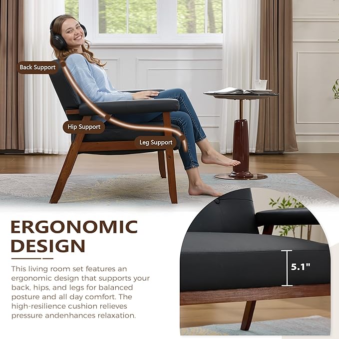 JIASTING 50” Black Leather Loveseat Sofa Mid Century Modern Small Office Love Seat Couch with Wood Arms Two Seater Couches for Small Spaces Living Room Waiting Room Bedroom Black